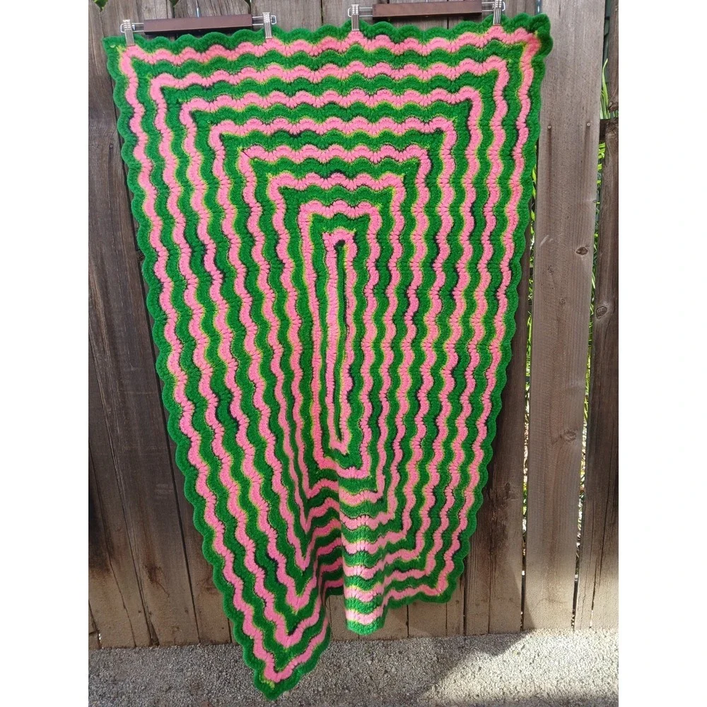Vintage Retro Style Handmade Crochet Afghan Pink & Green Scalloped Chevron Throw